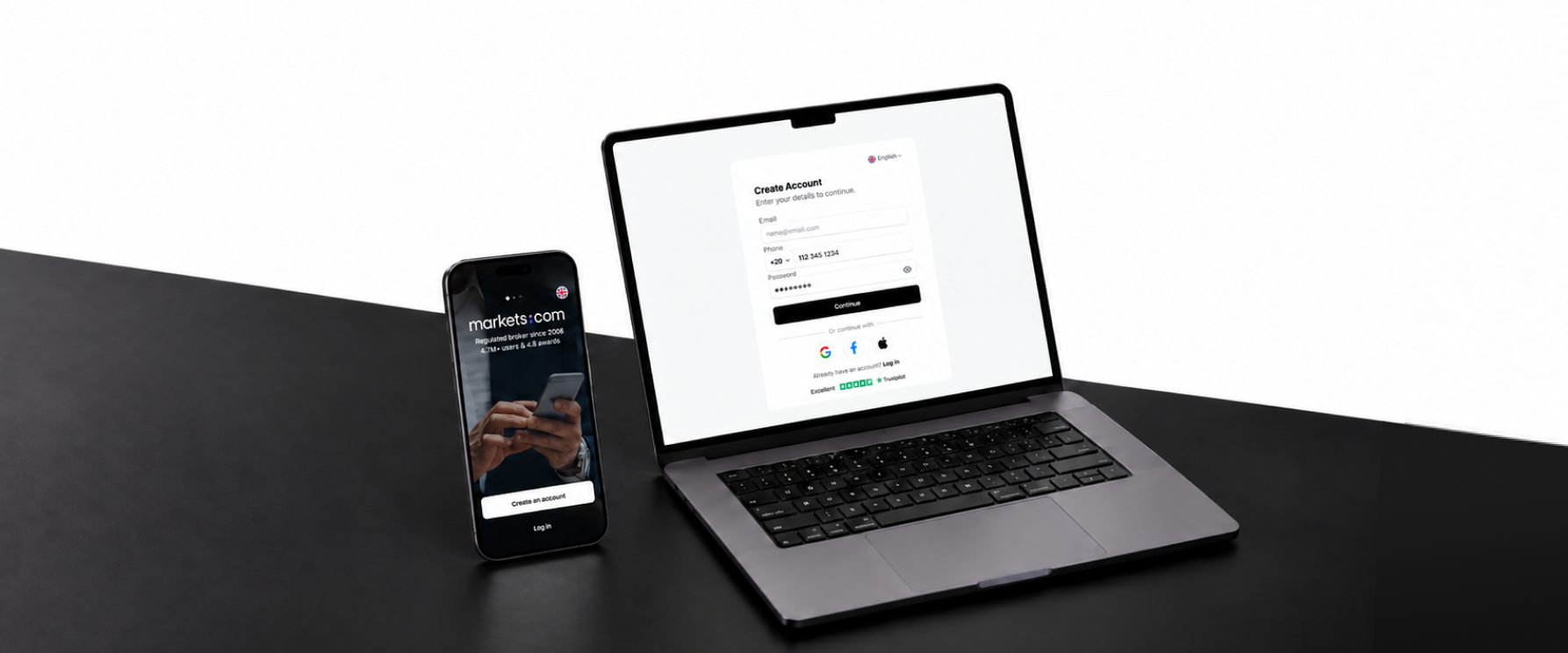 Markets.com registration experience on web and mobile